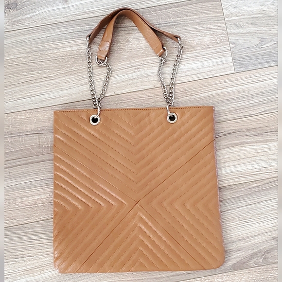 Zenith Leather Quilted Chevron Slim Shoulder Tote Bag, Camel/ Silver, Like New - Picture 1 of 12